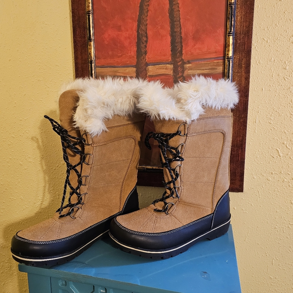 Tan and Black Winter Boots with Faux Fur Trim